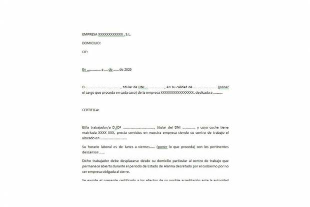Certificado para ir al trabajo durante el estado de alarma
