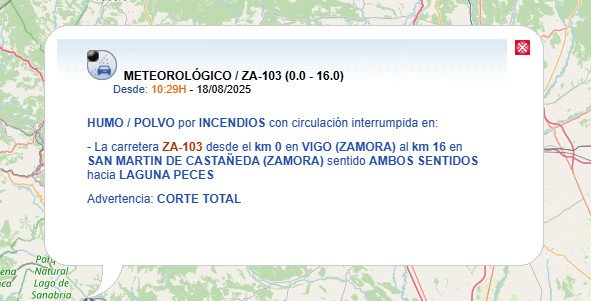 Carreteras cortadas por incendios en España hoy