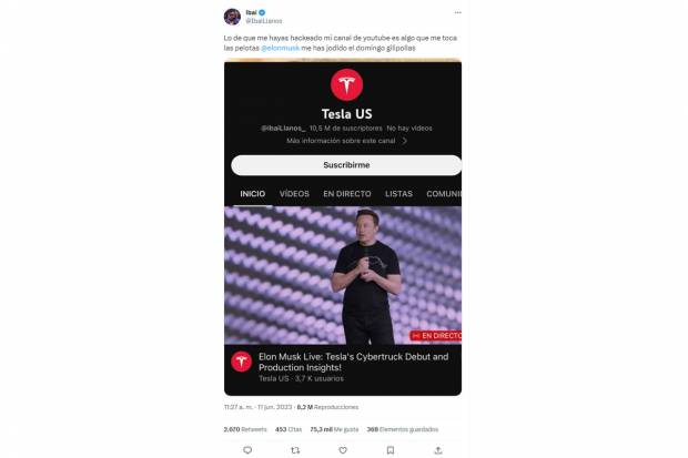 Atacan el canal de Youtube de Ibai Llanos y lo convierten en propaganda de Tesla